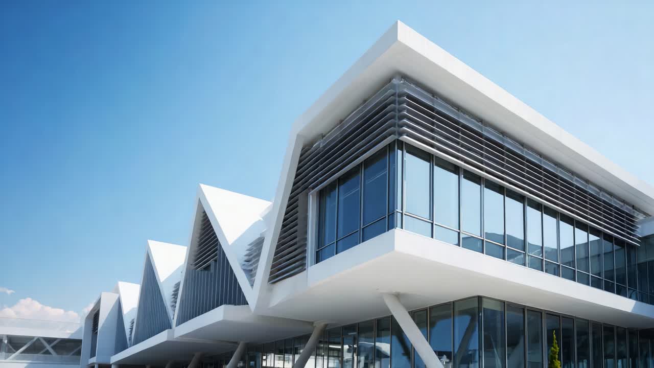 Design architettonico moderno di un edificio elegante caratterizzato da tetti triangolari e ampie facciate in vetro con un cielo azzurro sullo sfondo
