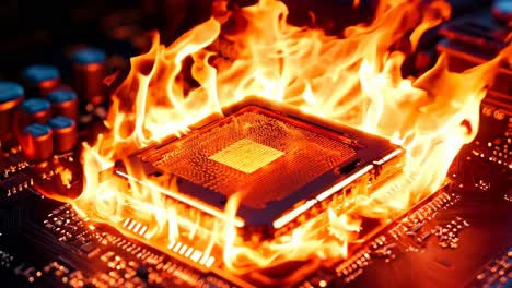 a computer motherboard on fire with a cpu on top of it