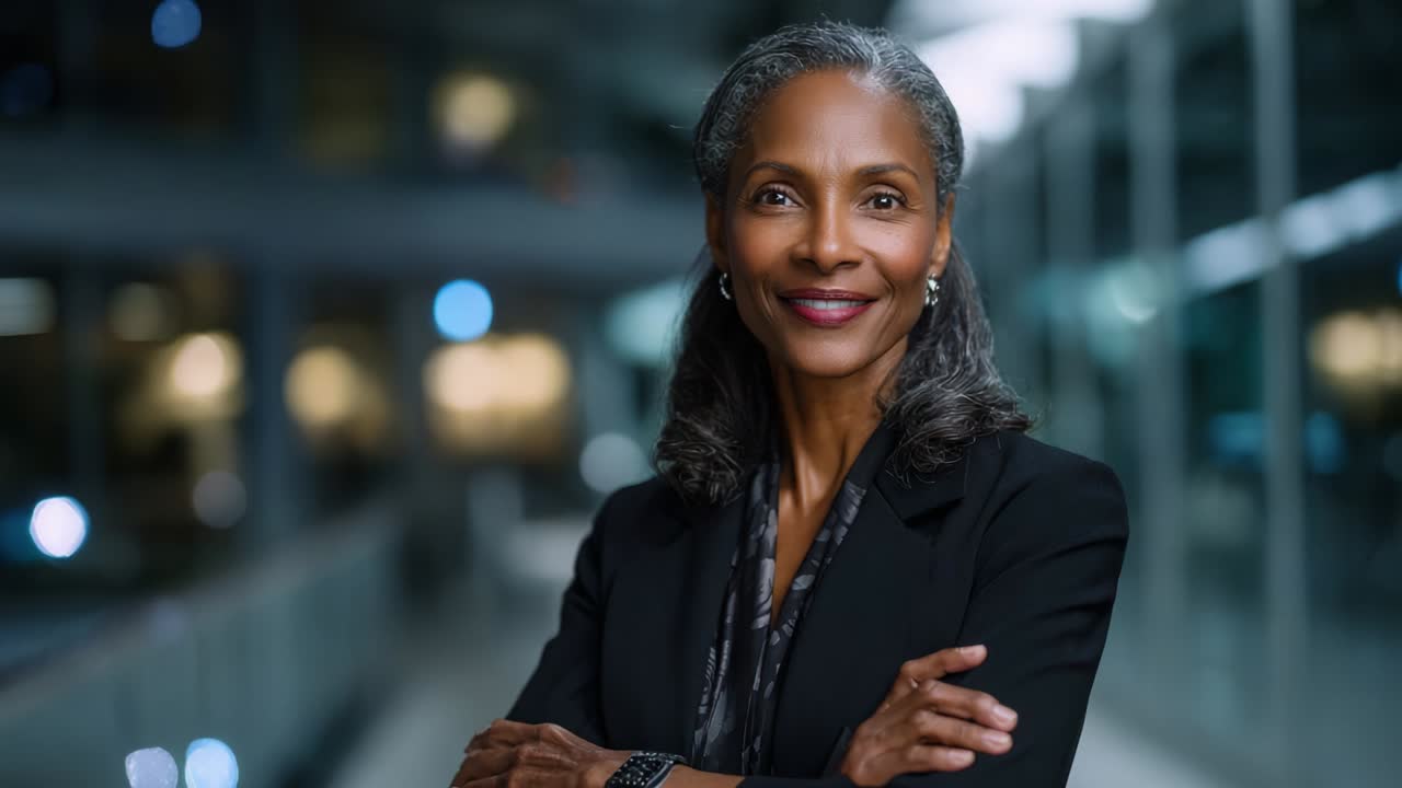 A confident professional woman stands with her arms crossed, exuding charisma and leadership in a sleek, modern environment, showcasing her expertise and poise in a corporate setting