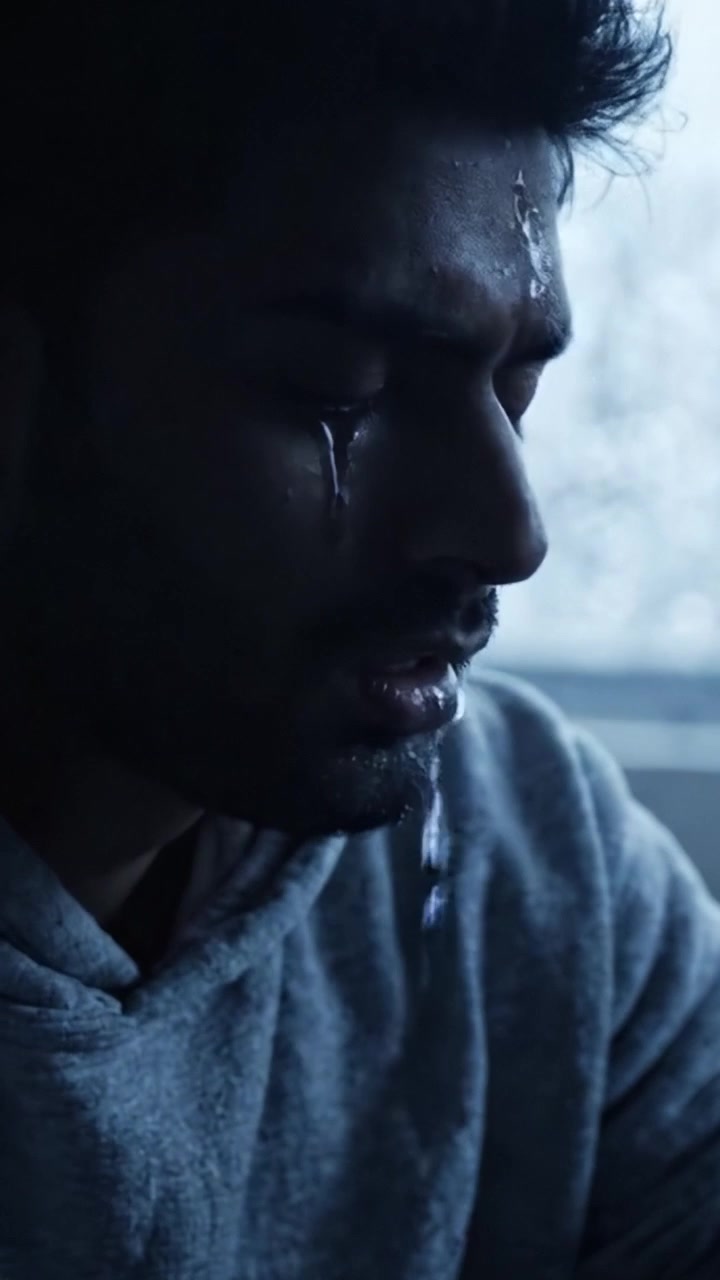 A Contemplative Moment: Emotional Reflection Revealed Through Subtle Expressions in a Dimly Lit Setting with Tears and Shadows Enhancing the Intensity