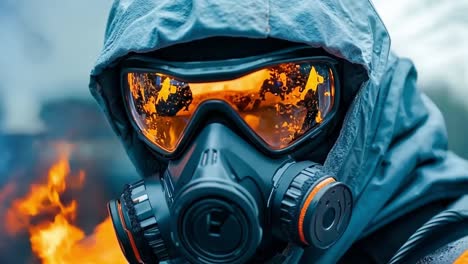 a man wearing a gas mask and goggles in front of a fire