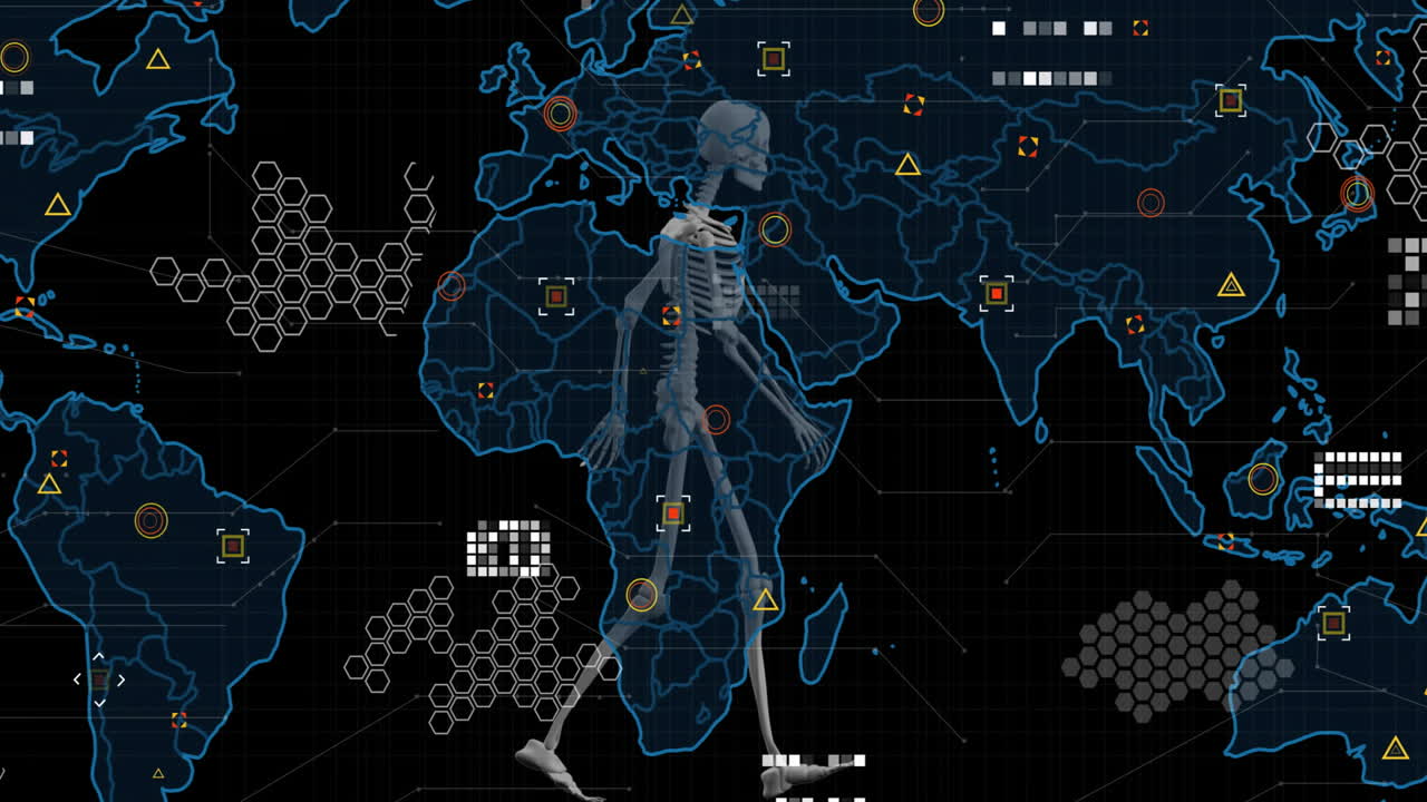 Human skeleton walking animation over world map with data points and hexagonal patterns