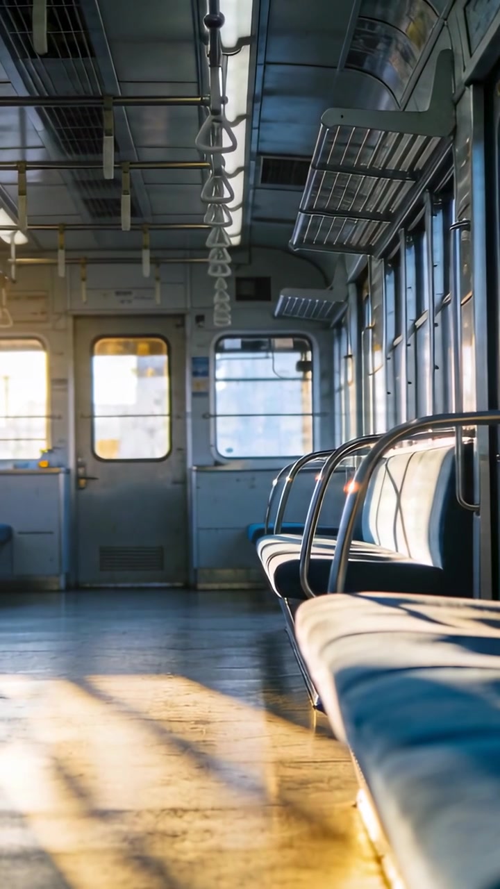 Vertical video: Shifting sunlight casting long shadows across train floor, showing blue bench seats