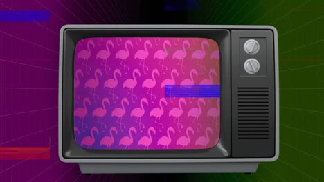 front view of an old tv switch on with pink flamingos on screen