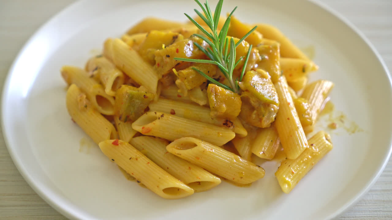 pasta penne de calabaza salsa alfredo - estilo de comida vegana y vegetariana