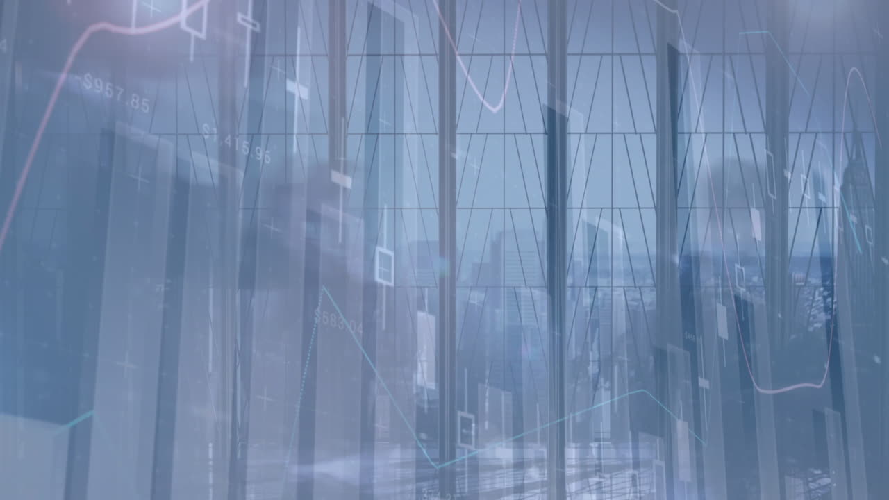 Walking people with financial data in the background 4k