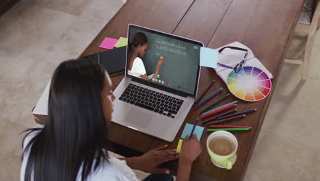 estudiante caucásica usando una computadora portátil en una videollamada con una maestra, tomando notas