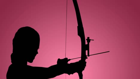 Animation-of-target-and-silhouette-of-female-archer-aiming-bow-on-pink-background