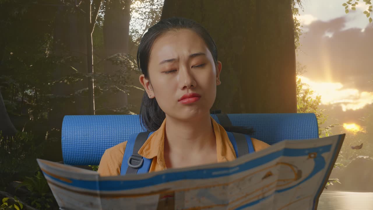 Close Up Of Asian Female Hiker With Mountaineering Backpack Looking At The Map Then Thinking While Exploring Forest Nature
