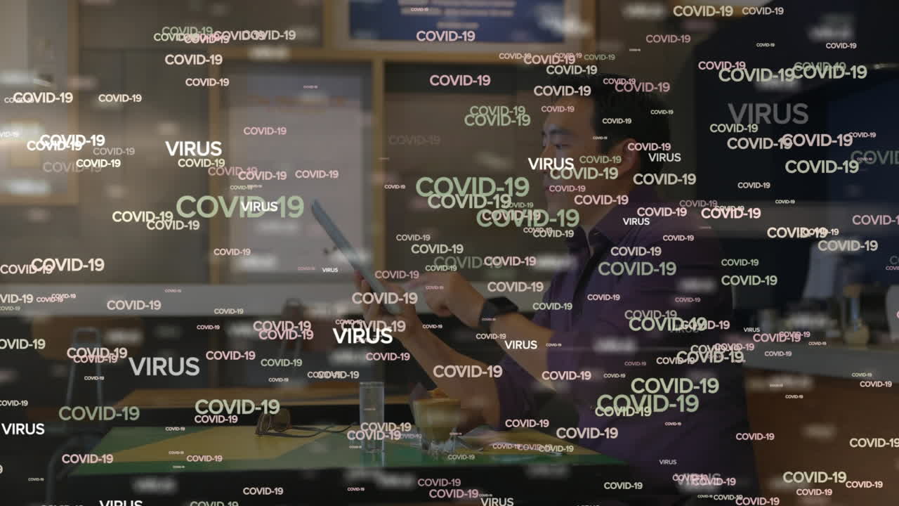 Animation of COVID-19 and VIRUS words moving over an Asian man working