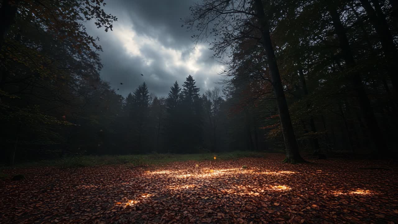 Una serena scena autunnale nella foresta: catturare la magia di luci e ombre tra le colorate foglie cadute e l'atmosfera spettrale in una radura silenziosa