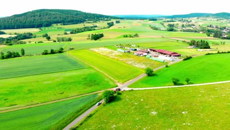 Vista-Aérea-De-Drones-De-Exuberantes-Campos-Verdes-De-Verano