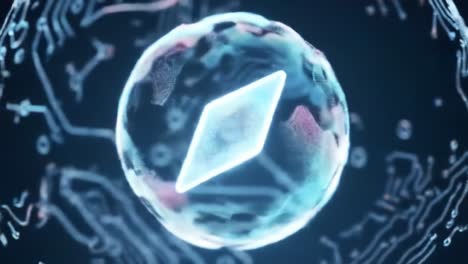 dynamic visual display of a glowing geometric shape encased in a sphere, surrounded by circuit patterns, representing tech and innovation