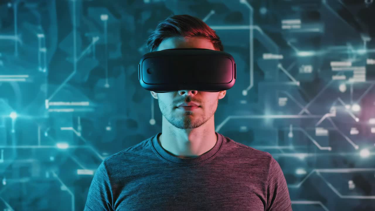 Man using VR headset in a futuristic environment