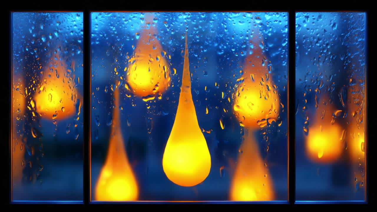 A Captivating View of Rain-Dripped Glass with Radiant Illuminated Drops in an Urban Setting, Showcasing the Beauty of Reflection and Warmth in a Rainy Atmosphere