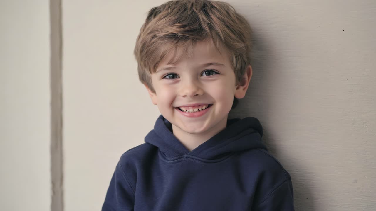 Adorable child with blond hair and blue hooded sweatshirt, repeating the same happy expression six times in a row, isolated on a white background