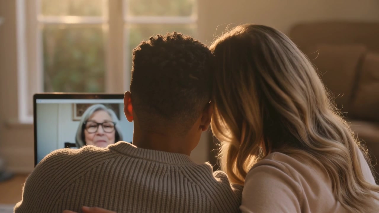 Answering laptop call, couple moving closer on couch in light tops, watching senior with glasses