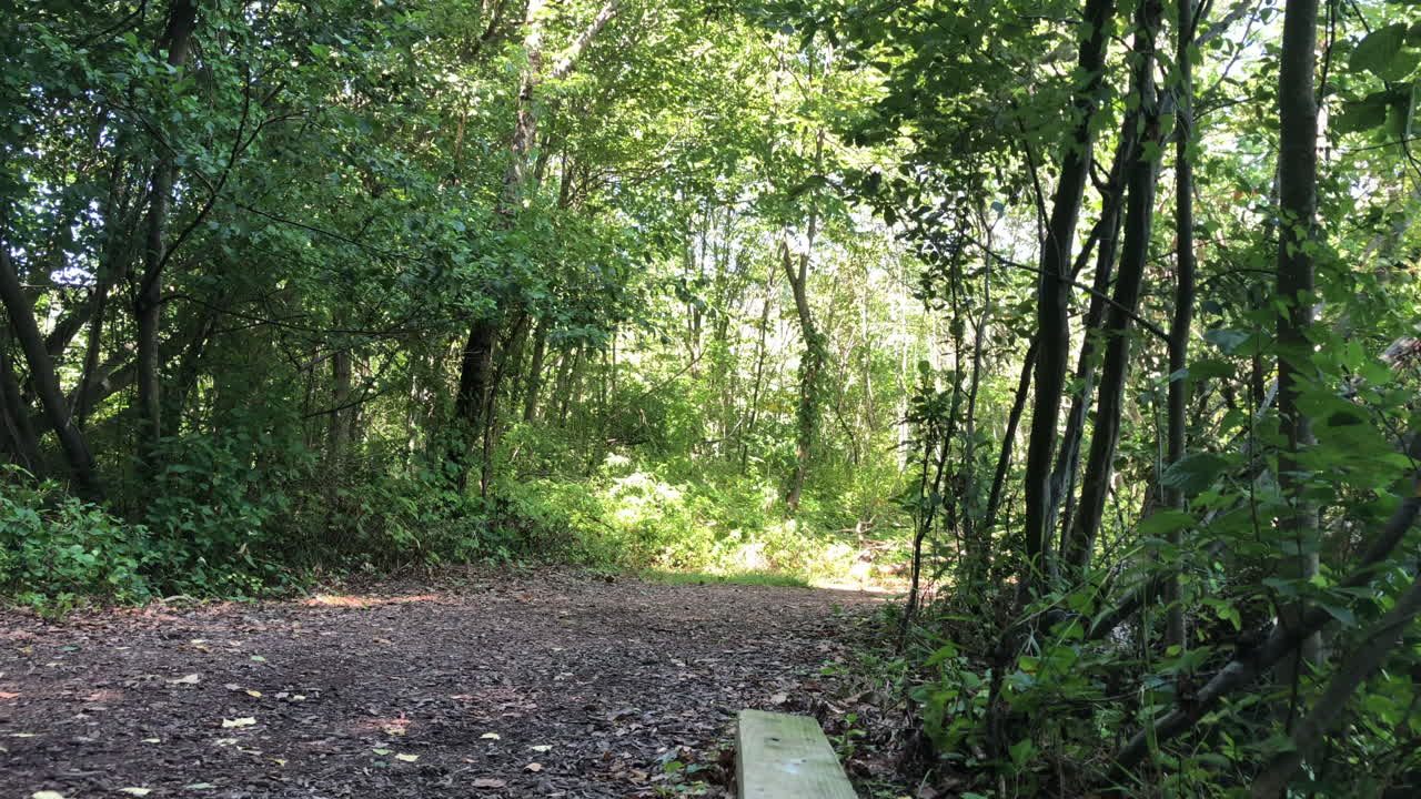 A man walking toward the camera down a path holding a fishing pole
