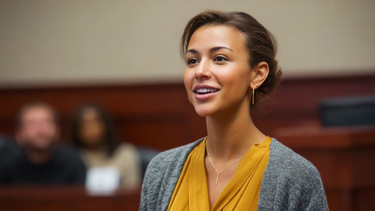 A Confident Young Woman Standing in a Courtroom, Presenting Her Case with Poise and Assurance, Engaging with the Audience and Advocating for Justice in a Legal Setting, Showcasing Strength and Composure