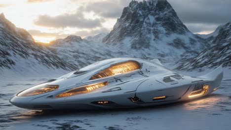 futuristic spaceship in snowy mountain landscape