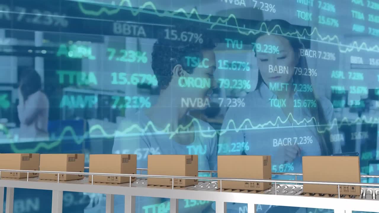 Animation af finansiel databehandling over to forskellige forretningskvinder.