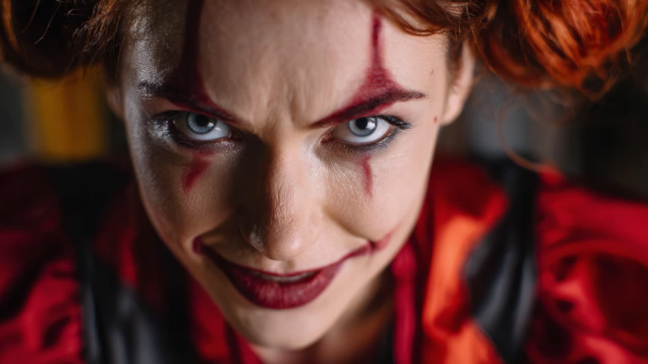 A close-up of a sinister clown, featuring striking makeup with bold colors and fierce facial expression, capturing a haunting and eerie presence in a playful fashion