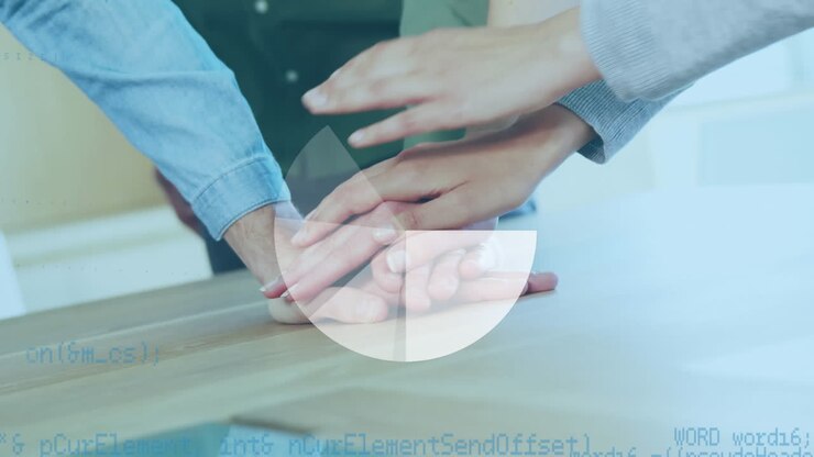 Animation of statistics and data processing over people stacking hands