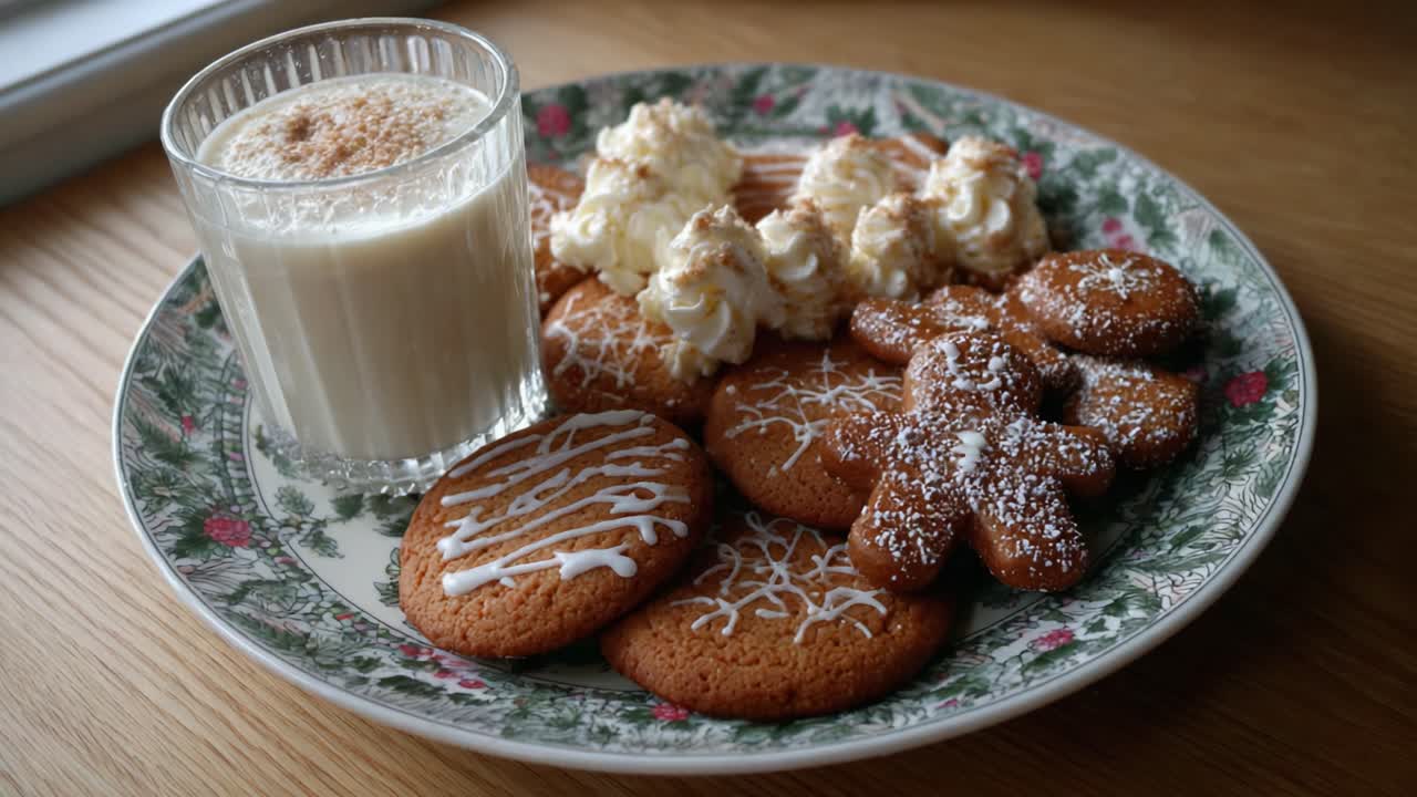 Deliciously Decorated Cookies and Creamy Beverage: A Festive Dessert Platter Featuring Gingerbread and Whipped Toppings for a Cozy Celebration