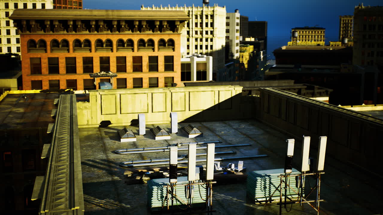 Construction site view on rooftop with city skyline during twilight hour