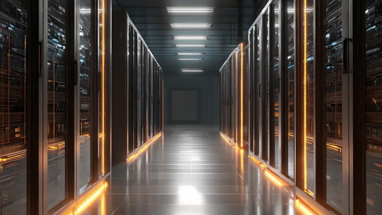 Exploring a Futuristic Data Center: A Visual Journey Through the High-Tech Aisles of Server Racks Illuminated by Soft Ambient Lighting