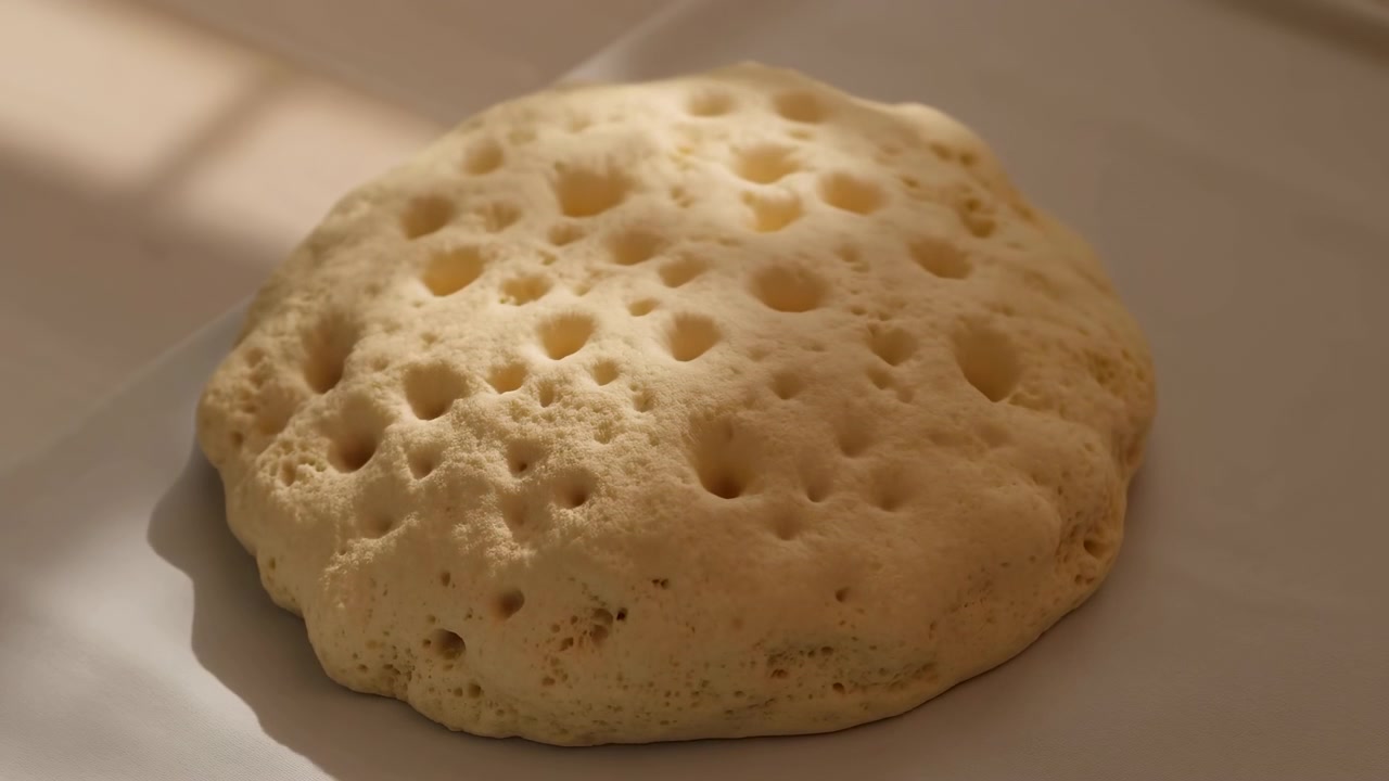 Low-angle close-up showing proofed round dough changing into airy sponge texture, with many surface holes, porous cavities, soft beige dome, and warm daylight from window across smooth kitchen surface