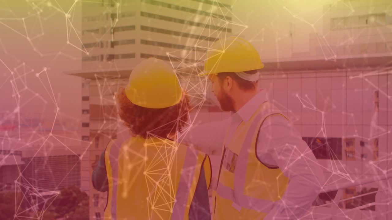 animación de una red de conexiones entre arquitectos masculinos y femeninos que trabajan juntos