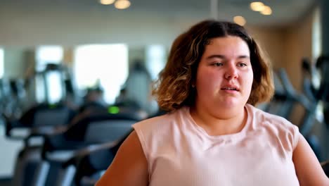 running female overweight practicing on the treadmill machine at the fitness gym.
