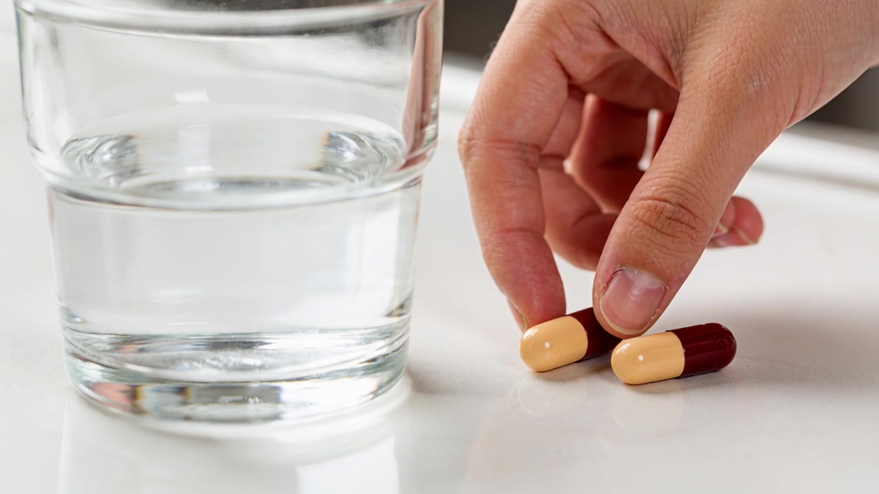 Entering right, adult hand picking up one-of-two bicolored capsule on counter for taking with glass