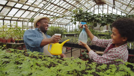 joyous african american dad and son playing water fight in greenhouse