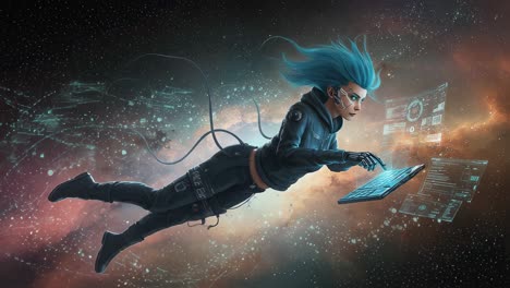 futuristic woman with blue hair and cybernetic implants floats in space and types on a transparent keyboard, managing data and information in a digital environment