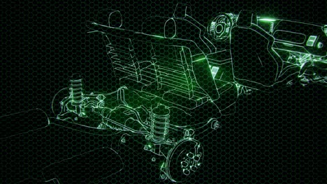 holographic animation of 3d wireframe car model with engine