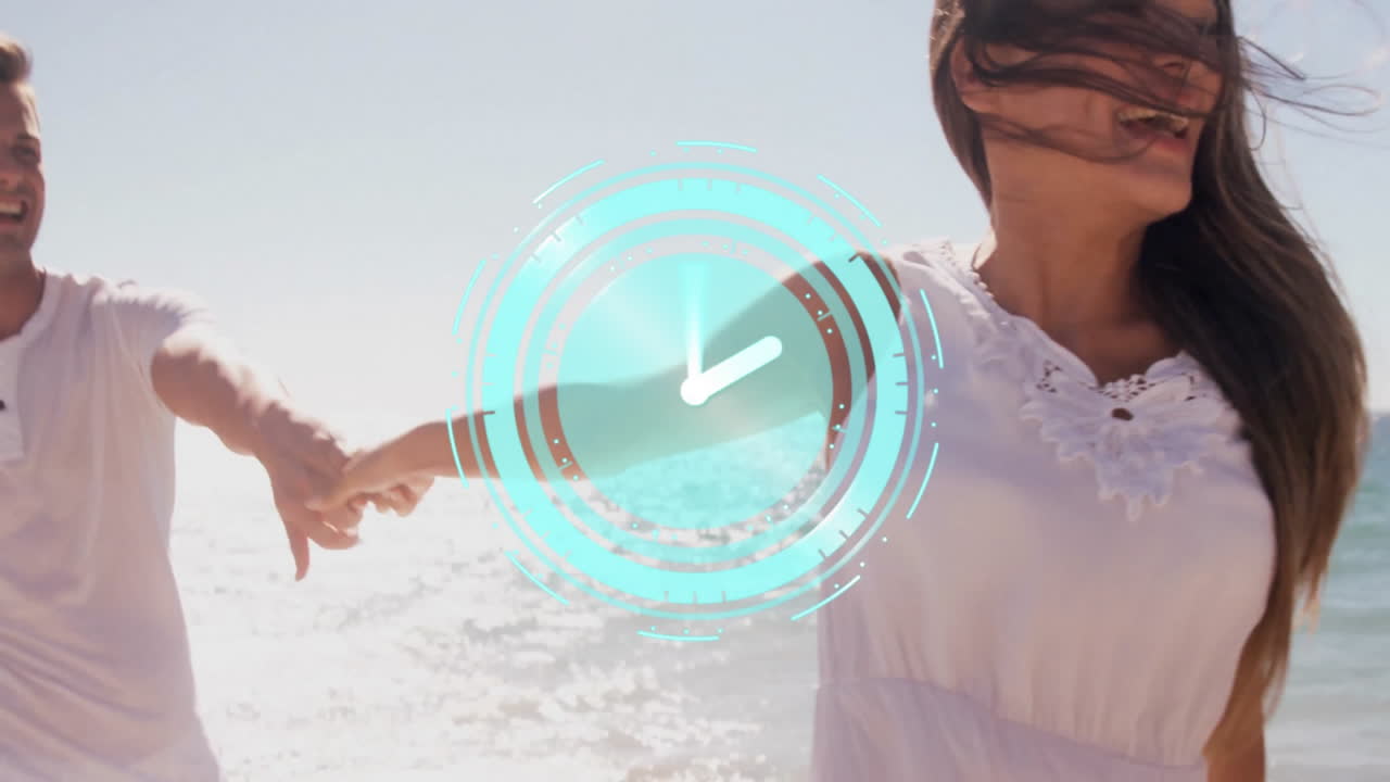 Animated clock overlay on couple holding hands walking on beach