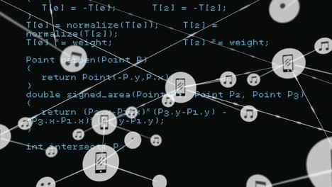 animation of icons connected with lines over looping computer language against black background