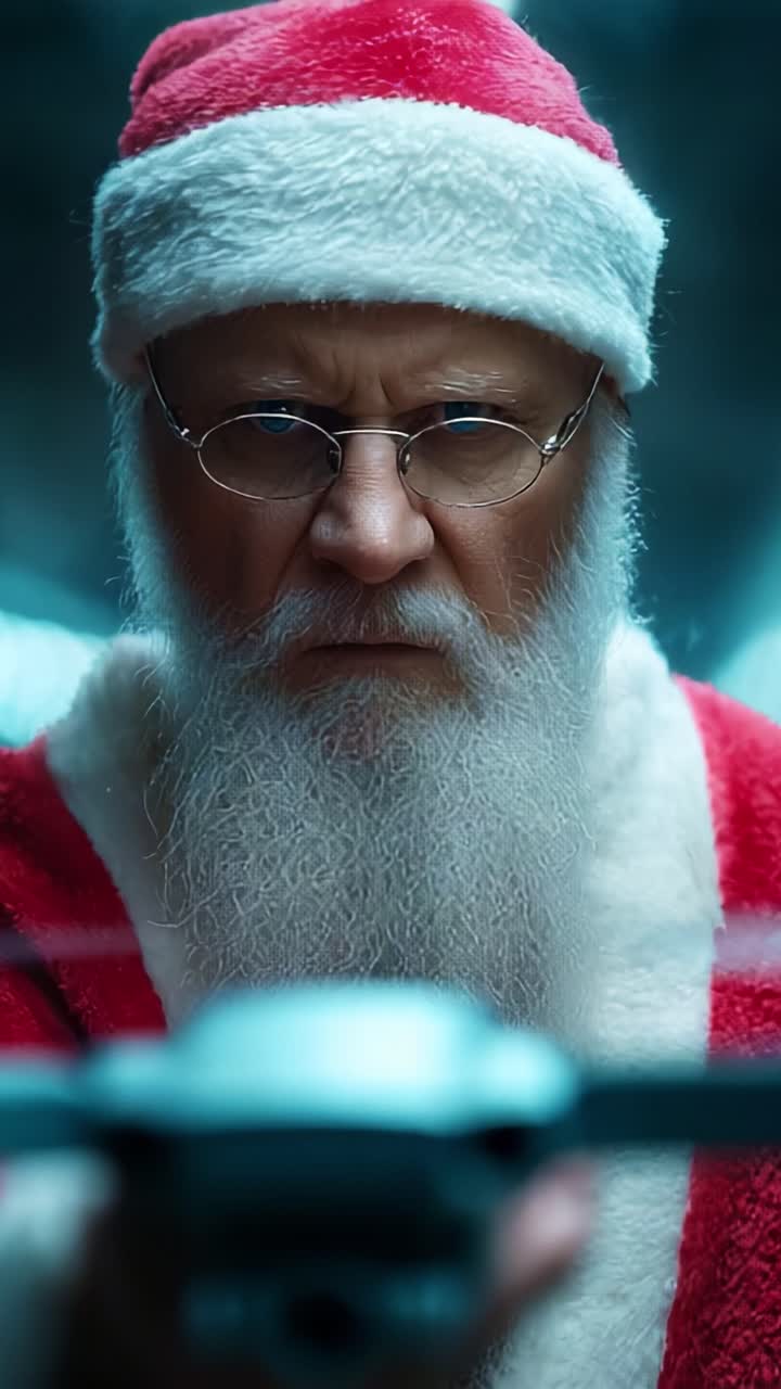 A Unique Holiday Scene Featuring a Serious Santa Claus With Glasses, Dressed in a Traditional Red and White Costume, Intently Observing a Drone and Displaying an Unexpectedly Intense Expression