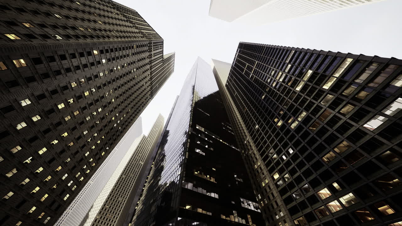 Skyward view of towering skyscrapers in an urban environment