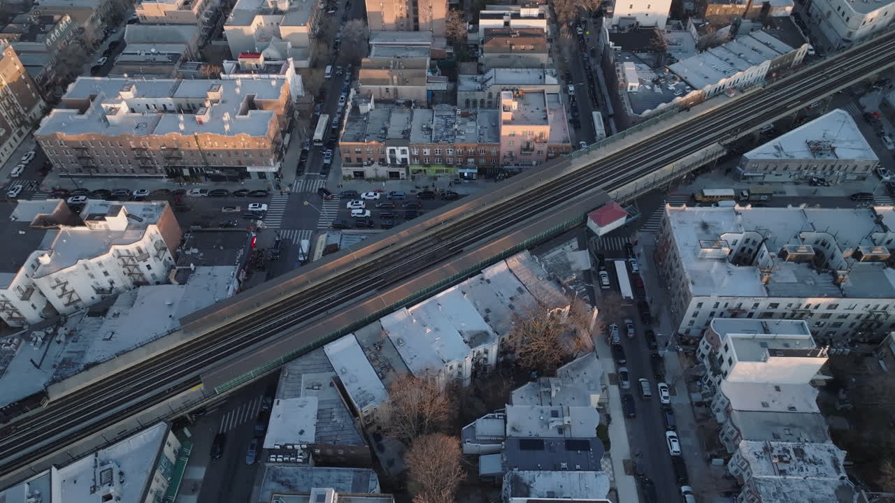 Aerial view of a Brooklyn subway station. Shot at dusk in New York City.