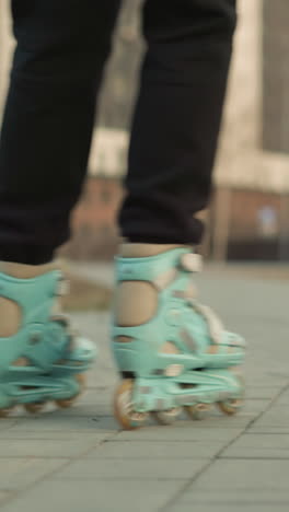 un primer plano trasero de patines que se deslizan suavemente a través de un parque con elementos de fondo borrosos, incluidas personas y bancos