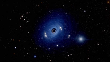 sagittarius black hole or rotating black hole, flying into black hole with stars and distortion of light