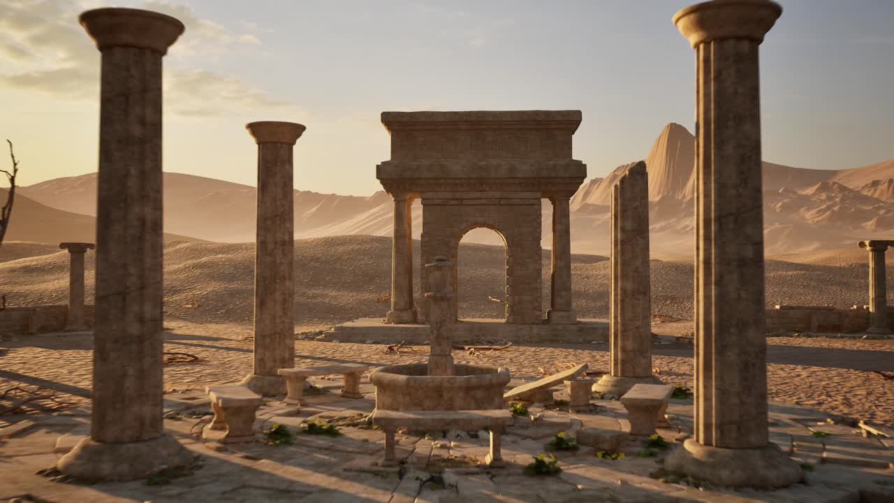 Ancient Greek Hellenic temple ruins on desert arid environment with stones, pillars, ruined walls and dead trees, 3D animation camera move fast