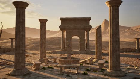 ancient greek hellenic temple ruins on desert arid environment with stones, pillars, ruined walls and dead trees, 3d animation camera move fast