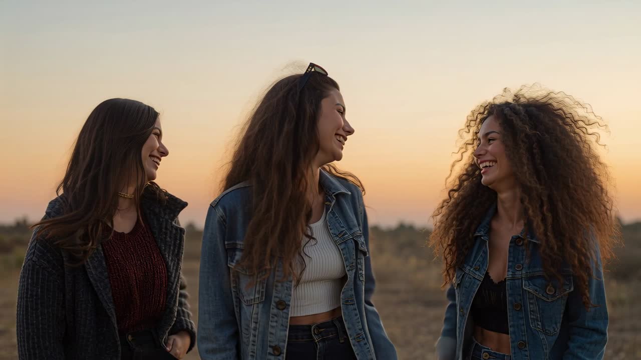 Tre donne camminano ridendo e tenendosi per mano attraverso un campo al tramonto, con giacche di jeans e occhiali da sole.