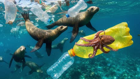 an underwater encounter: seals and an octopus navigate through a sea of plastic bottles in a striking visual of ocean pollution and marine life