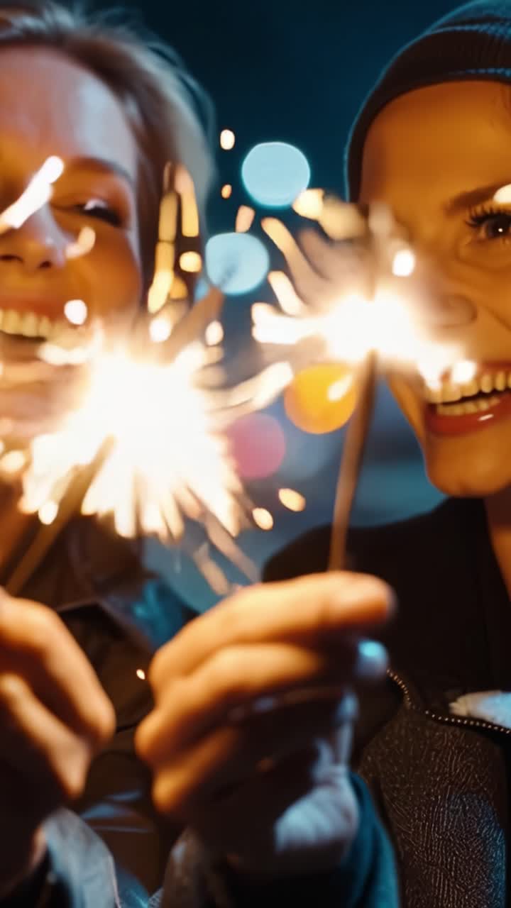 To venner fejrer sammen med stjernekastere om natten, omfavner glæde og latter under smukke fyrværkerignister, der skaber en magisk atmosfære af lykke