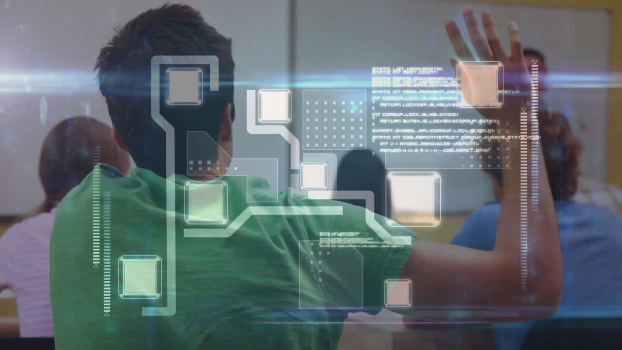 animación de la red de conexiones y procesamiento de datos sobre el maestro masculino con los estudiantes